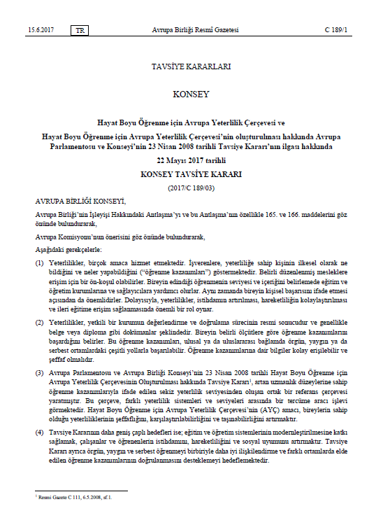 Avrupa Yeterlilikler Cercevesi Tavsiye Karari 2017 Revize Turkce